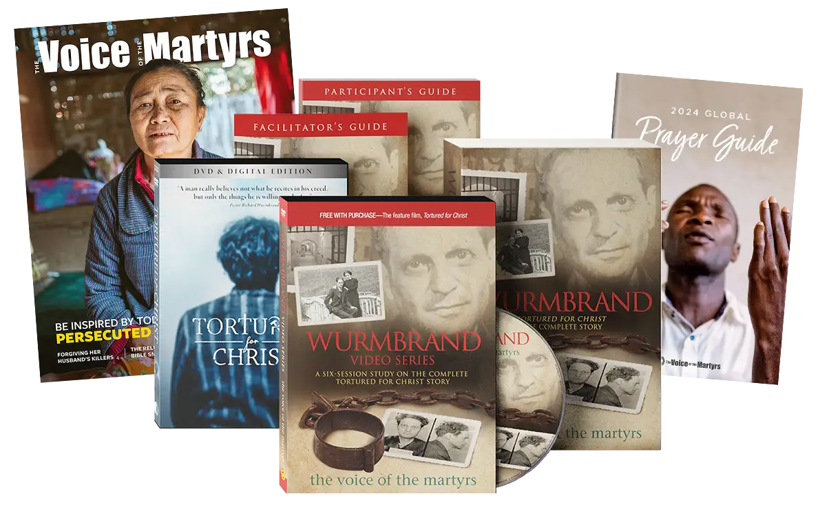 Products included in the welcome kit: VOM's monthly magazine, various Wurmbrand group study materials, the Global Prayer Guide.